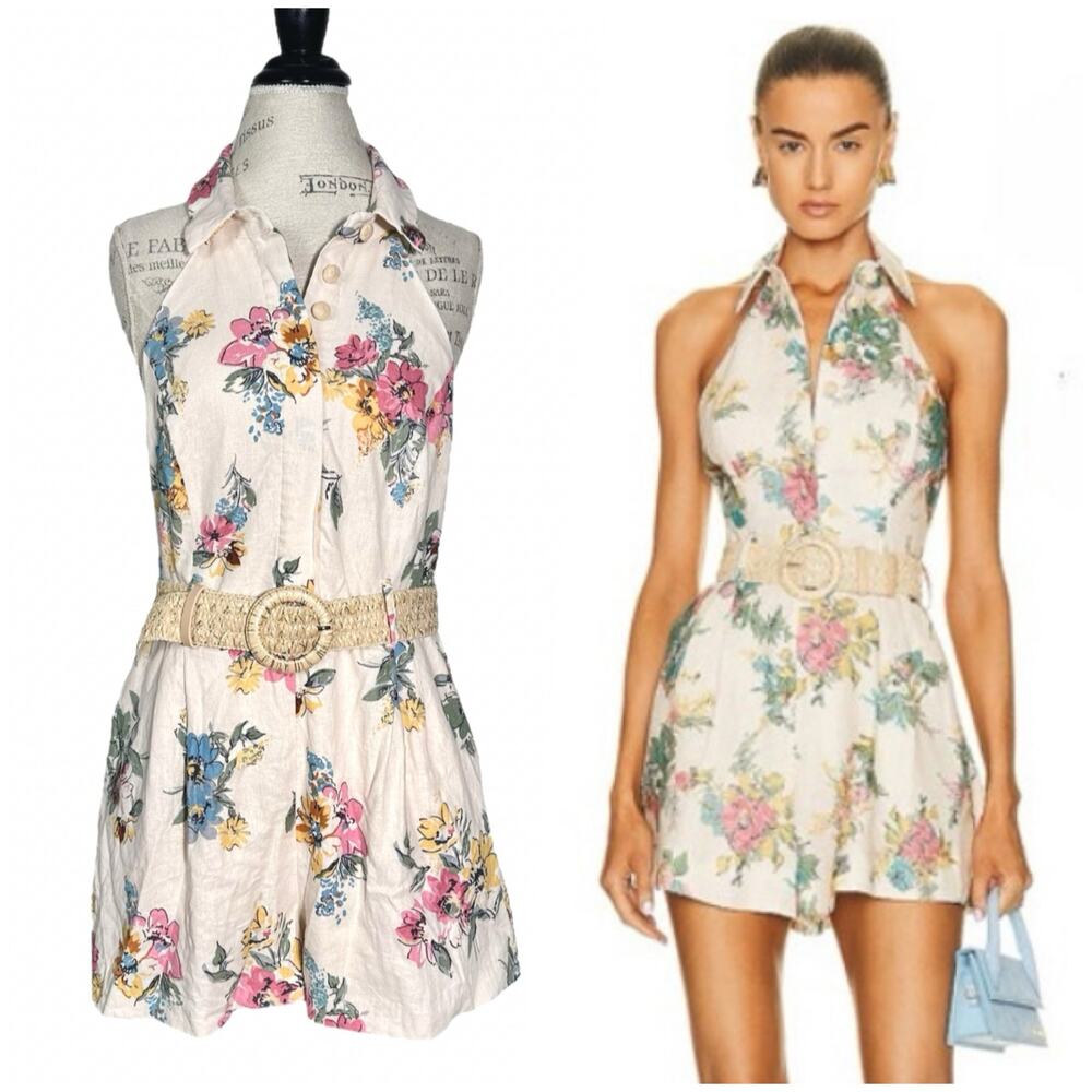 House of Harlow 1960 | Women | Floral Linen Blend Halter Belted Romper | Sz 12